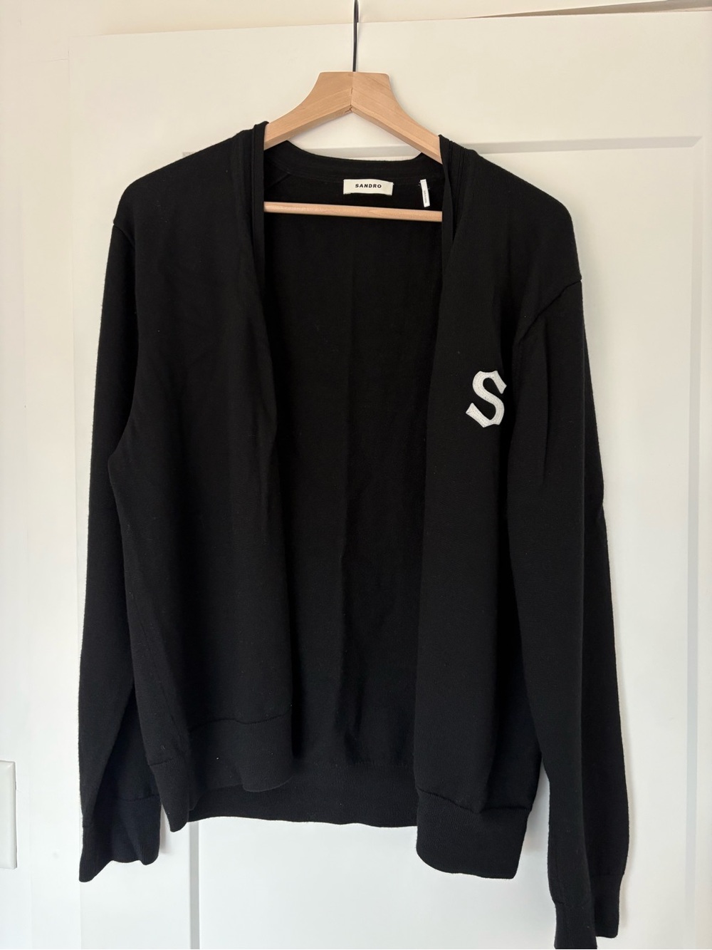 Sandro Black Open-Front Men's Cardigan with White 'S' Emblem